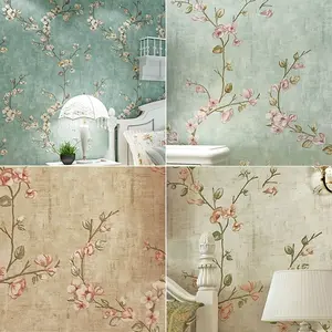 American Country Floral Non-Woven Wallpaper Roll, Self-Adhesive, Waterproof Oilproof, 4 Colors, Wall Renovation, Living Room Bedroom Decor