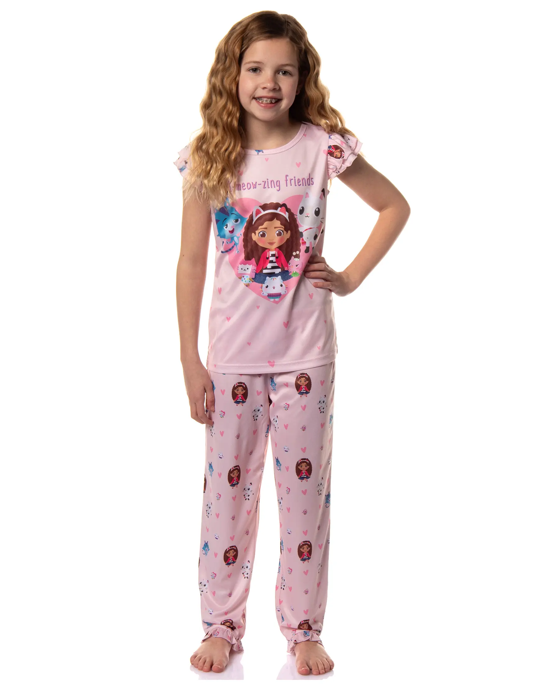 Gabby's Dollhouse Girls' 2-Piece Cartoon Print Pajama Outfit - Short Sleeve Tops, Ruffle Accents, Soft Casual Pants for Storytime Sleepwear