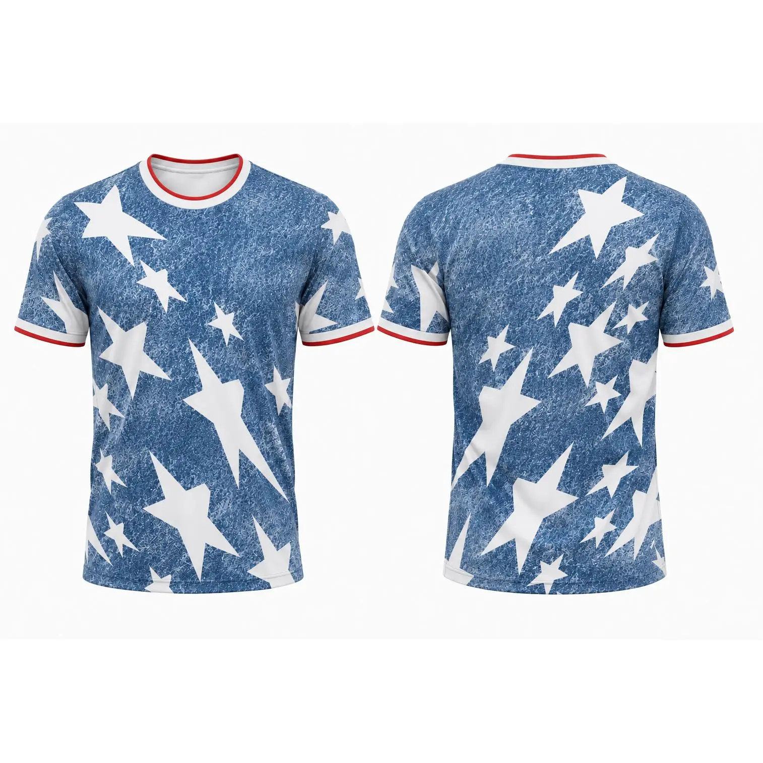 USA 1994 Denim Graphic Jersey, Vintage Inspired Blue Star Pattern Shirt, Retro Denim Look Soccer Fan Tee, Unisex Sports Graphic Top, Casual Patriotic Style Apparel