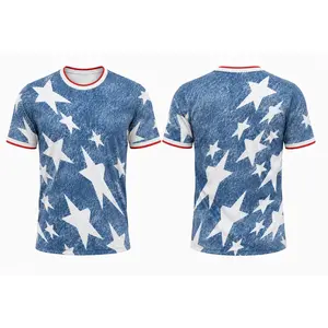 USA 1994 Denim Graphic Jersey, Vintage Inspired Blue Star Pattern Shirt, Retro Denim Look Soccer Fan Tee, Unisex Sports Graphic Top, Casual Patriotic Style Apparel