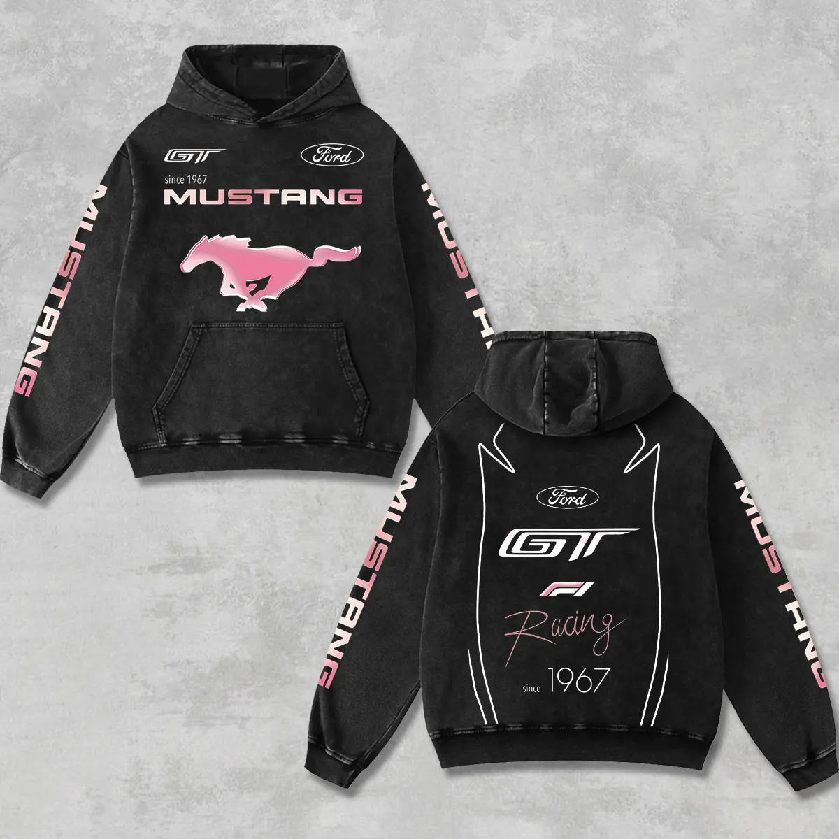 Retro Ford Mustang GT Racing Hoodie Washed Black, Motorsport World Championship Enthusiast, 1967 Ford Racing Formula Pony Car Graphic Oversized Shirt, Aesthetic Grand Prix Moto Vibes, Moto Gear Motorbike Apparel Men’s Grunge Y2K Racing Jacket Style