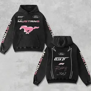 Retro Ford Mustang GT Racing Hoodie Washed Black, Motorsport World Championship Enthusiast, 1967 Ford Racing Formula Pony Car Graphic Oversized Shirt, Aesthetic Grand Prix Moto Vibes, Moto Gear Motorbike Apparel Men’s Grunge Y2K Racing Jacket Style