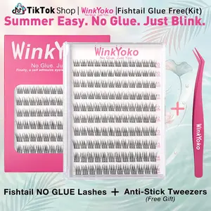 [Beginner Exclusive] Fishtail No Glue Lashes Kit with Tweezers, WinkYoko Self Adhesive Lash Clusters, C Curl, Natural Daily 10-14mm, Glue Free, Ultra-Thin Invisible Band, Wispy Reusable, Gentle Long-Lasting, Beginner-Friendly DIY Makeup at Home