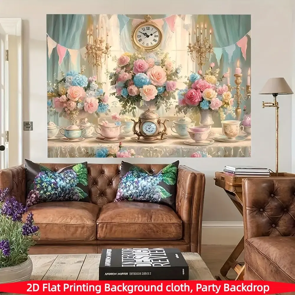 2D Flat 1PC Polyester Vintage French Tea Party Backdrop Banner, Pink Blue Rose Antique Teaware Elegant Oil Painting Style Photography Background, Indoor Outdoor Use, Ideal For Garden Tea Party Setup, Dessert Table Decor, Retro Portrait Photoshoot