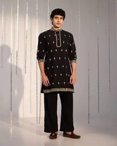 Ruhan Black Armani Satin Kurta Set with Zari