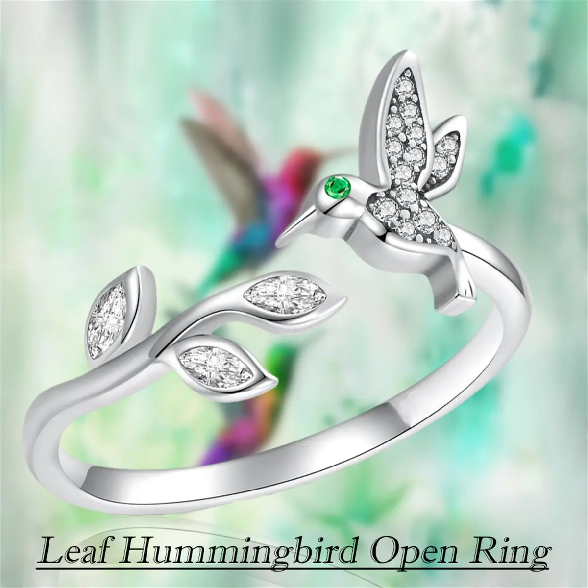 1Pc Creative Elegant Shining Rhinestone Small Leaf Hummingbird Opening Adjustable Ring Delicate Bird Animal Jewelry Accessories Suitable for Women, Girls Daily Party Accessories Gift