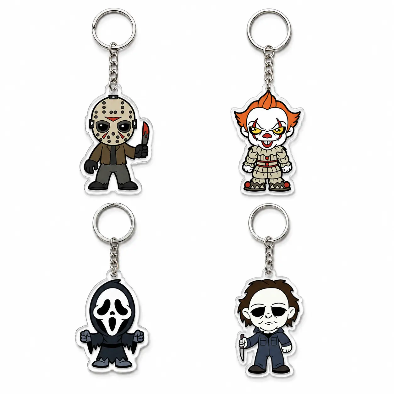 Cute horror character acrylic keychain set with 4 spooky chibi designs for bags, keys and Halloween gifts