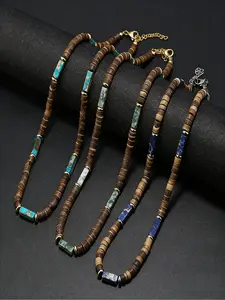 Natural Wood Beaded Necklace, Vintage Boho Ethnic Style Jewelry with Turquoise & Blue Stone Inlay Detail, for Men & Women, Daily, Boho Festival & Beach Occasions