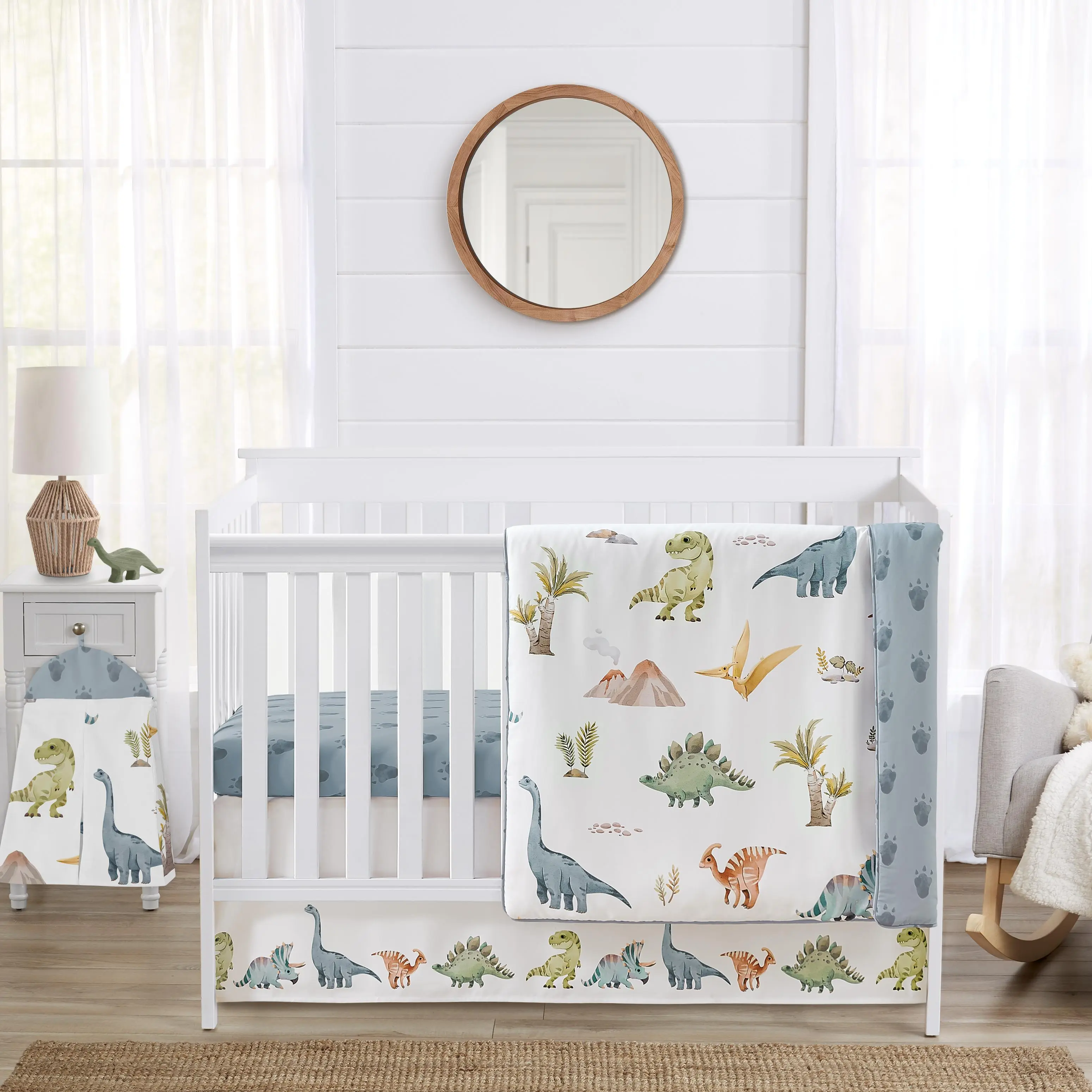 Sweet Jojo Designs Watercolor Dinosaur Dino Baby Boy Crib Bedding Set Infant Nursery Room Blanket Fitted Sheet Skirt Diaper Stacker 4p Green Blue White Modern Nature Jurassic Animal Tracks Footprint