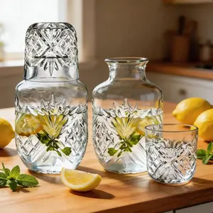 Vintage Embossed Glass Bedside Carafe & Tumbler Set, Drinkware, Large Capacity Thickened Explosion-Proof Heat-Resistant Water Pitcher with Dustproof Inverted Cup, Reusable Glassware for Home, Office