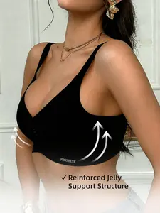 PROSHEVE Women's Jelly Bra Wireless Seamless T-Shirt Bra Full Coverage Push Up Comfort No Underwire for Everyday Wear Black Soft Breathable V Neck Adjustable Wide Straps - Outfits, Womenswear