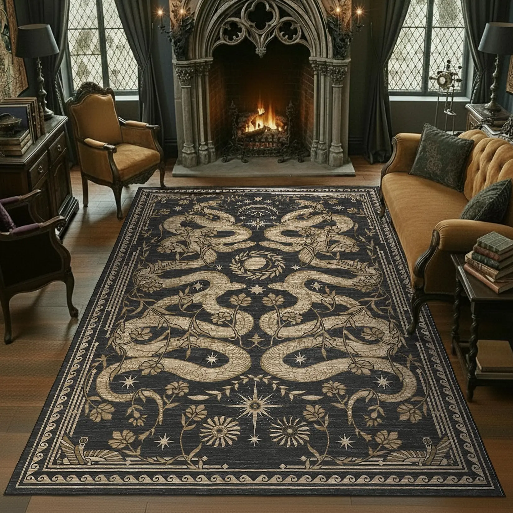 Garvee Snake Washable Rugs 9x12 Area Rug for Living Room Non Slip Forest Soft Low-Pile Stain Resistant Thin Large Throw Carpet for Bedroom Dining Room Office Dark Grey