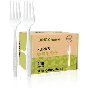 Compostable Forks No Plastic Silverware 200 count disposable cutlery flatware heavy duty party utensils Eco Friendly Heavyweight White Fork for Wedding Office BBQ Picnic Outdoor Event