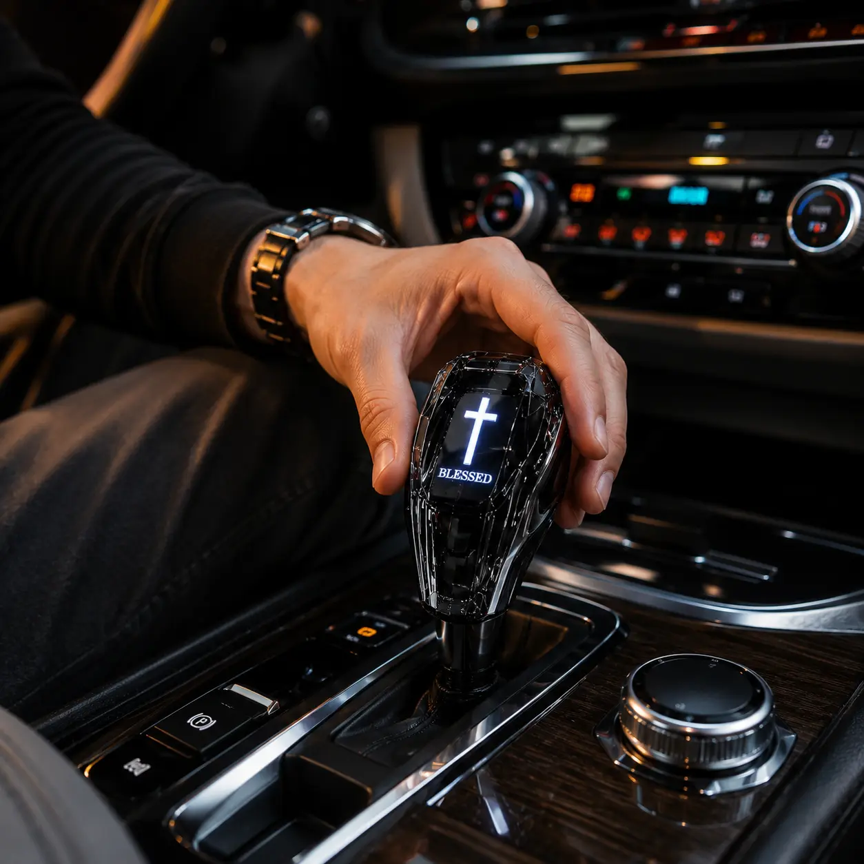 Premium Smoked Crystal Shift Knob with Starburst | Glowing Cross Shift Knob, 7-Color Touch Control RGB LED Ambient Light, Type-C Rechargeable Universal Gear Shifter (Fits 8/10/12mm)