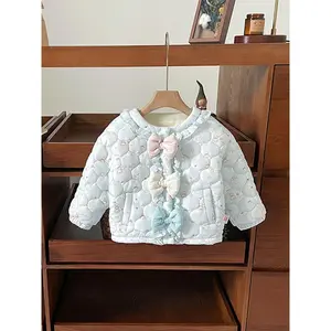 Girls' Thickened Fleece Winter Coat with Bear Print & Handmade Bow - High Neck Jacket, Soft Warm Outerwear with Pockets, Cozy Bear Face & Paw Print Design, Durable for Everyday & Special Occasions (Autumn/Winter) - Ideal for Cold Weather & Themed Ev