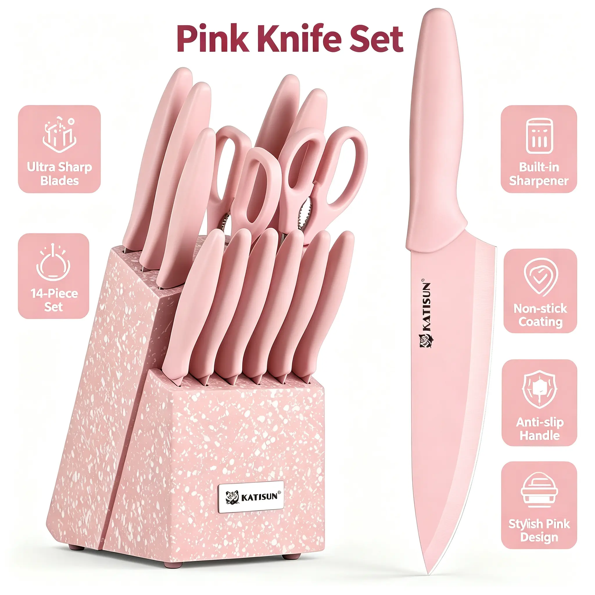 14-Piece Modern Kitchen Knife Set - High Carbon Stainless Steel Blade Chef, Bread, Santoku & Steak Knives with Hardwood Block, Sharpener, Ideal Valentine’s Day Gift (Blush Pink)