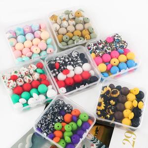 silicone beads kit, 50pcs/box colorful printing dice shaped beads, diy jewelry making accessories for keychain & bracelet & necklace