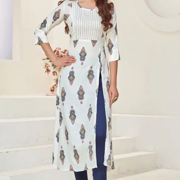 long gown style Rayon Fabric Designer Kurti In White Color Cotton