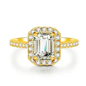 [LeBijouLab] Ember Halo 1CT Synthetic Moissanite Engagement Ring For Women, Golden Square Synthetic Moissanite Ring For Her, Mother's Day Gifts, Buy 1 Get 2 Eternity Ring Bands