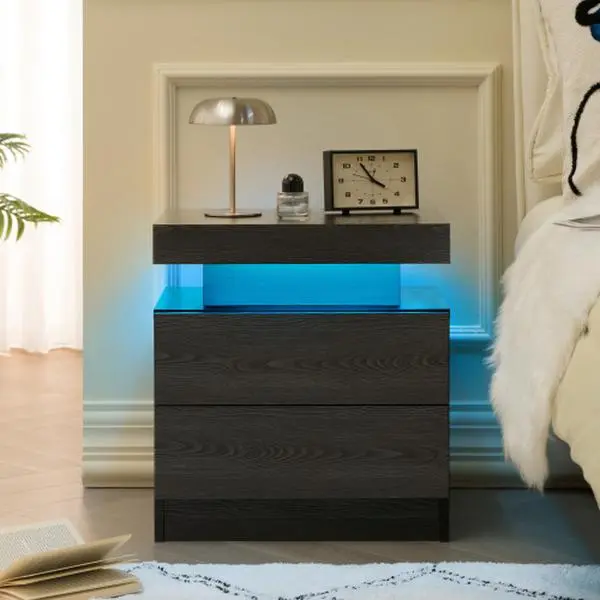 Modern Black Wood LED Nightstand - Indoor Furniture Bedside Table with Lights, 2 Drawers, Storage Cabinet, Black Wood Nightstand