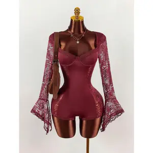 Women's Contrast Lace Waist Red Cinching Women's Spaghetti Strap Bodysuit With Long Flare Sleeves And Sheer Side Panels, Autumn/Winter Thanksgiving And New Year