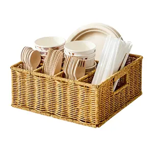 Party Dining Utensil Storage Basket Organizer, Countertop Paper Plate Dispenser, Picnic Silverware Basket, Kitchen Camping Buffet Utensil Rack, Six-Compartment Wicker Basket