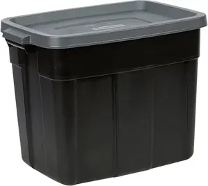 Rubbermaid 6-Pack Heavy Duty Durable 3 GAL Totes for Storage with Snap Lids and Handles, Plastic Storage Bins Stackable Black Gray for Home and Garage (3 GAL - 6 Pack Solid Black and Grey)