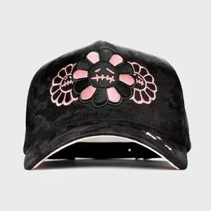 Pink Flower Suede Cap - Luxury Artistic Streetwear Hat with Crystal Embroidered Floral Design Soft Velvet Finish Premium Unisex Adjustable