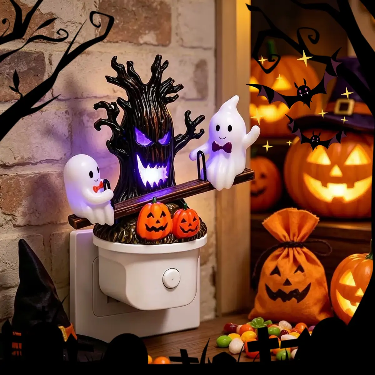 Halloween Spooky Ghost and Pumpkin LED Decorative Light Plug-in for Indoor Home, Bedroom, Bathroom, Halloween Party Supplies, Perfect Holiday Gifts for Friends, Family and Classmates-MM1