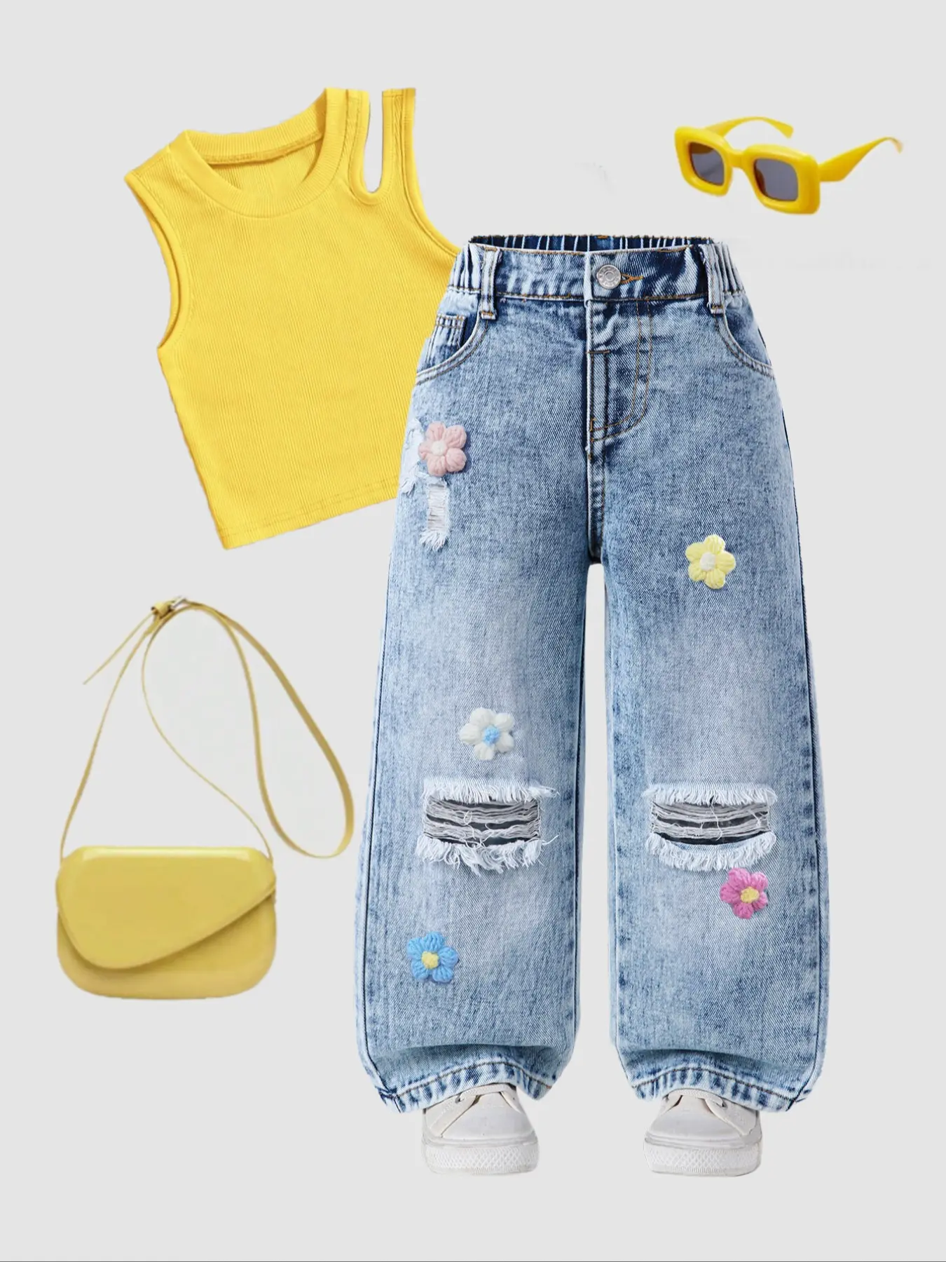 Women's Denim Jeans New Arrival Light Blue Washed Floral Vintage Ripped Cute Handmade Flower Decoration Wide Leg Comfortable Jeans Pants Bottom Trouser Casual Fashion Denim