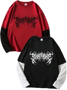 Gothic Text Print Long Sleeve T-Shirt Set, Polyester Round Neck, Medium Stretch, Geometric Pattern, Loose Fit Street Style Casual Tee, Graphic, Streetwear