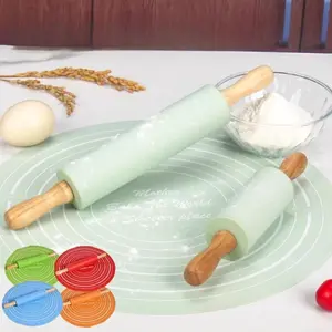 Silicone Baking Mat & Wooden Rolling Pin Set, Including 1 Count Rolling Pin & 1 Count Baking Mat, Kitchen Baking Supplies for Home Use, Kitchenware