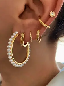 6Pcs Elegant 24K Gold Plated Cubic Zirconia Pearl Hoop Earrings Set For Women Zircon Sunflower Stud Earrings Pack Cuff Earrings Stack