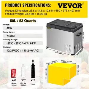 VEVOR 12 Volt Refrigerator, Portable Refrigerator (-468) With APP Control Car Compressor Fridge Cooler 12V/24V DC and 110-220V AC For Camping, Road Trip, Boat, Skincare, Outdoor and Home (53 Quart)