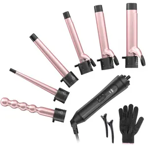 6-IN-1 Curling Iron, Professional Instant Heat Up Hair Curling Wand Set with 6 Interchangeable Ceramic Barrels (0.35'' to 1.25'') and 2 Temperature Adjustments, Heat Protective Glove & 2 Clips Easy to Use