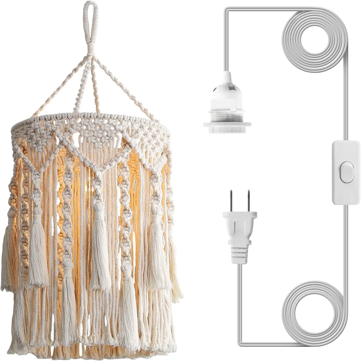 Hand-Crafted Macrame Boho Lamp Shade - Single Unit Plug-In Light with Lanyard, Light Stand Cord, Boho Home Decor for Bedroom, Living Room (Type 3, Diameter: 12in, Height: 30in)