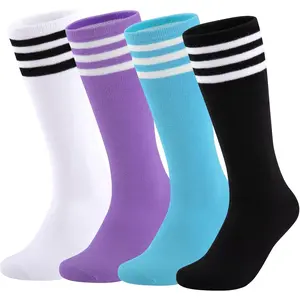 Kids Soccer Socks 4 Pairs Girls Baseball Football Sports Tall Socks With Cotton Stripes Knee High Socks