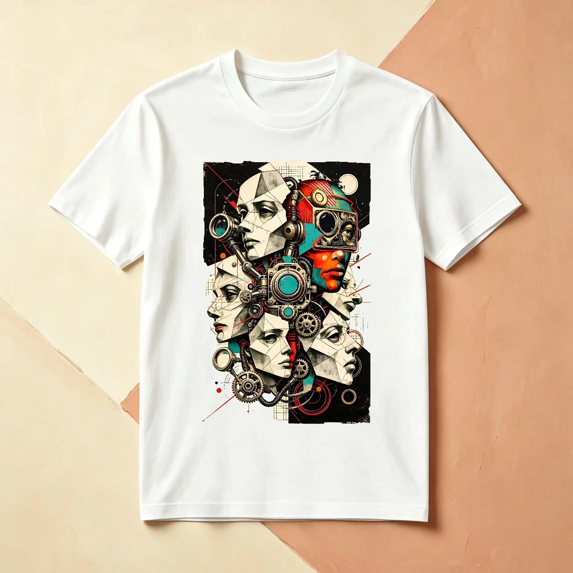 Men's Short-Sleeve Edgy Streetwear Crewneck T-Shirt - Vintage Steampunk Mechanical Faces Graphic, Abstract Industrial Cyberpunk Art Tee campingessentials