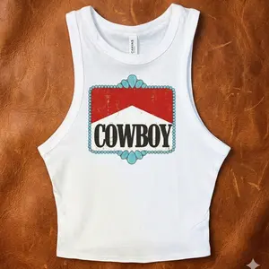 Cowboy Cropped Tank, Micro Rib Tank Crop tank, Summer Graphic Tank Top, Y2K Tee, Casual Summer Top