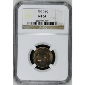 1950 D 5C JEFFERSON FIVE CENTS NGC CERTIFIED COIN MS 66