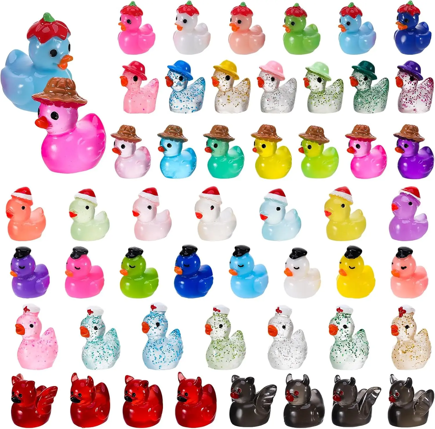 50 Pcs Mini Resin Ducks Different Mini Luminous Ducks with Hat Miniature Animal Figurines for DIY Cake Decoration Ornaments Crafts Moss Landscape