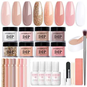 AzureBeauty 30Pcs Dip Powder Nail Kit Starter with Nail Sticks, Nude Skin Tones Neutral Pink Dipping Liquid Set Matte Top Coat for Nail Art Manicure Salon DIY Home