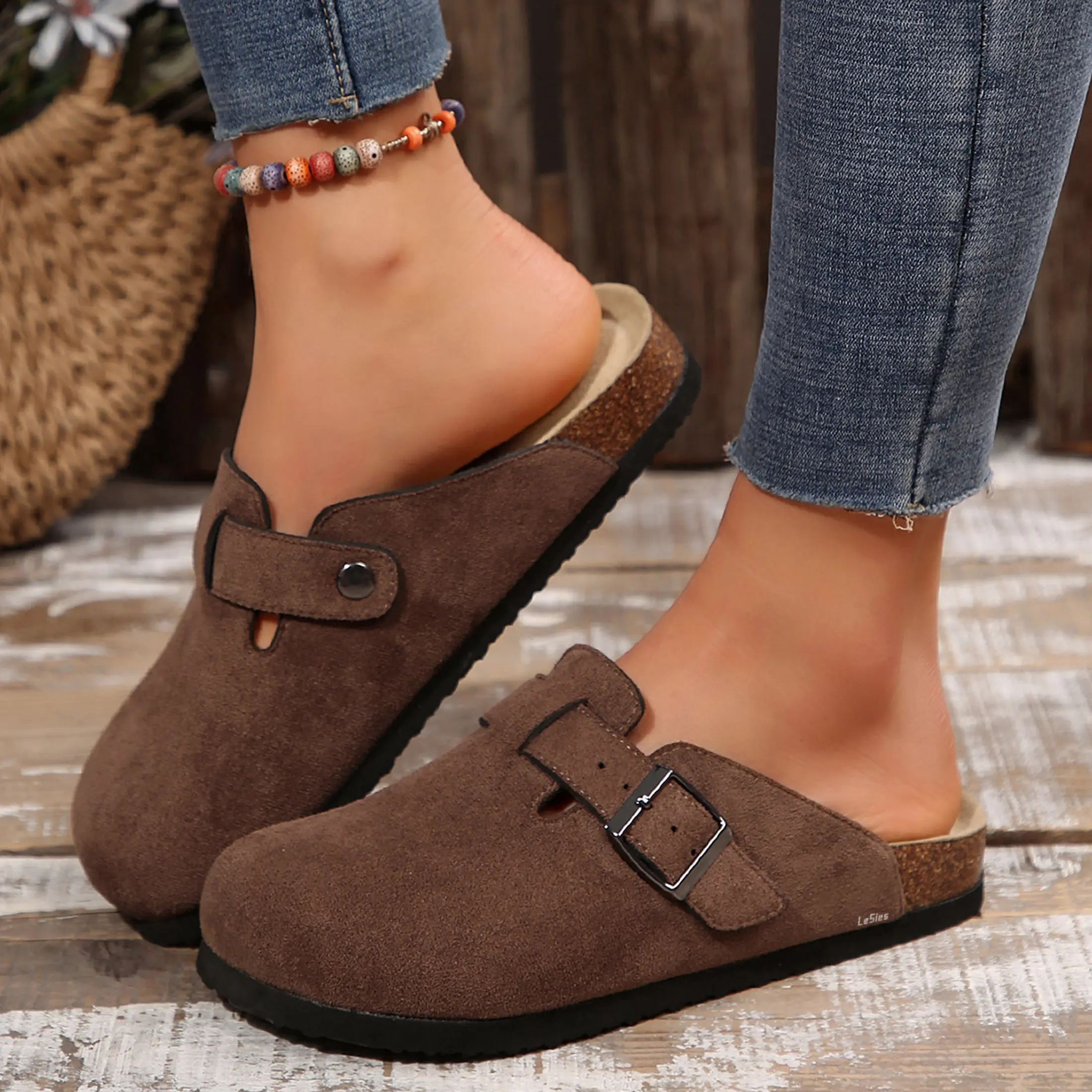 Suede Clogs for Women and Men - Adjustable Buckle Slip-on Cork Footbed Mules with Antislip Sole - Unisex Slippers Brown Springfresh Cork Platform Shoes Summer Vibes