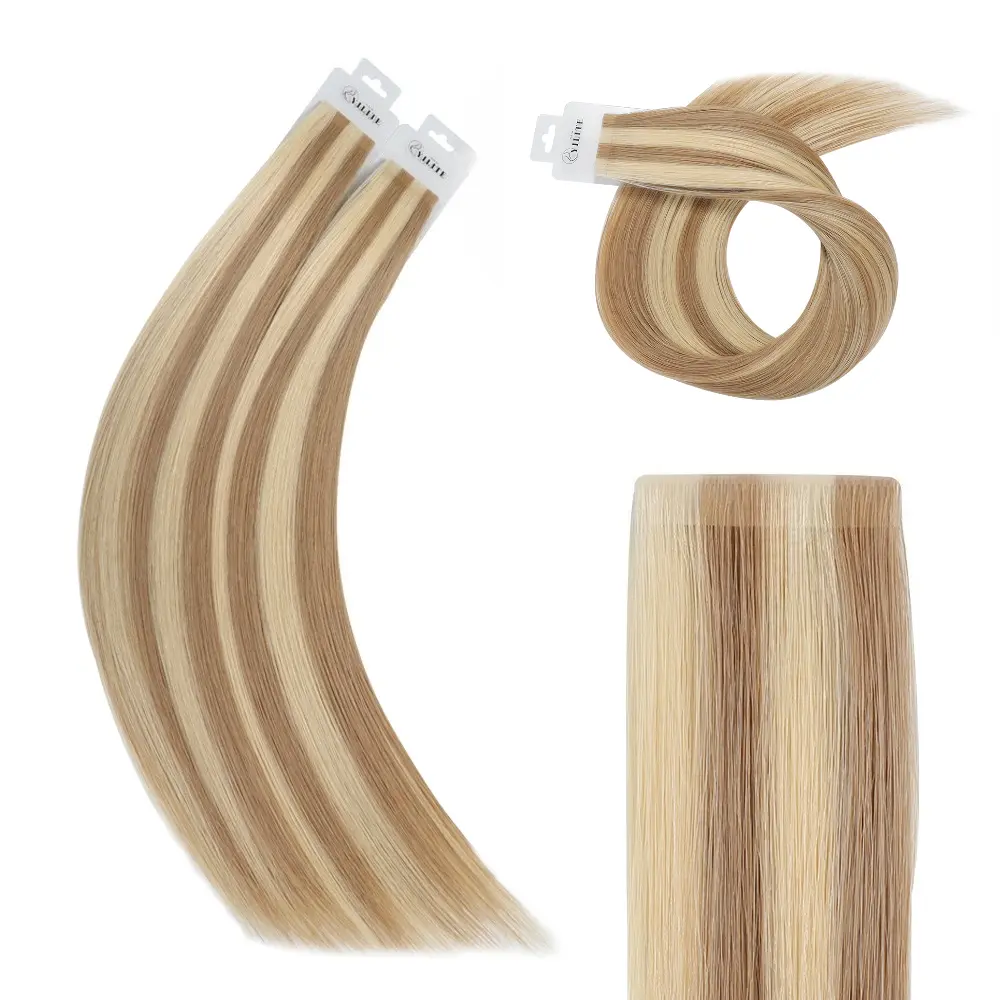 YILITE Invisi Edge Tape-in Hair Extensions, Virgin Human Hair Extension with Ash Blonde Highlights, 14-20in 20Pcs, Seamless Injected Natural Texture, #P18/613 Summervibes