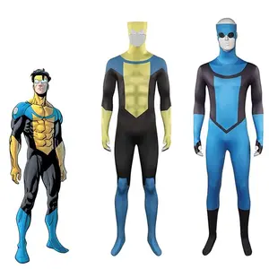 Invincible Yellow Jumpsuit Cosplay Costume 3D Long Sleeve Blue Bodysuit Halloween Masquerade Party Costume for Adult Men