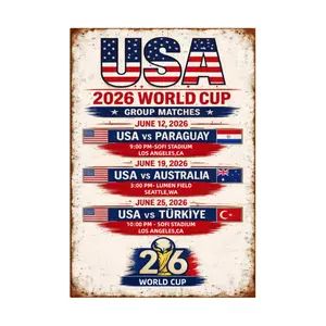 Vintage USA 2026 World Cup Group Matches Metal Tin Sign 8x12 Inch Soccer Schedule Poster USA vs Paraguay Australia Türkiye Retro Wall Decor Sports Bar Garage Fan Gift