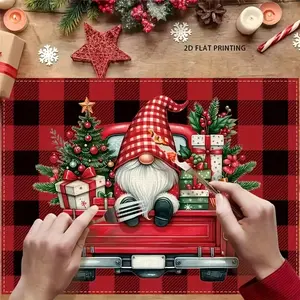 2D flat printing, 2-piece/4-piece/6-piece 8-piece set, Christmas checkered dwarf truck red and black checkered Santa Claus placemat, holiday decoration, home kitchen restaurant party indoor and outdoor decoration 12x18 inches