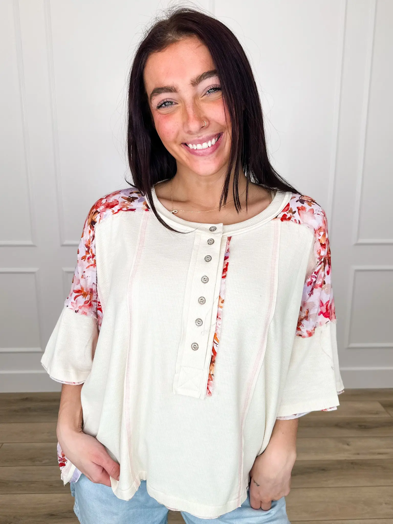 Women's Dress Casual Ribbed Blouse - Oversized Short Sleeve Half-Button Top with Floral Accent, Soft Rayon Spandex Fabric
