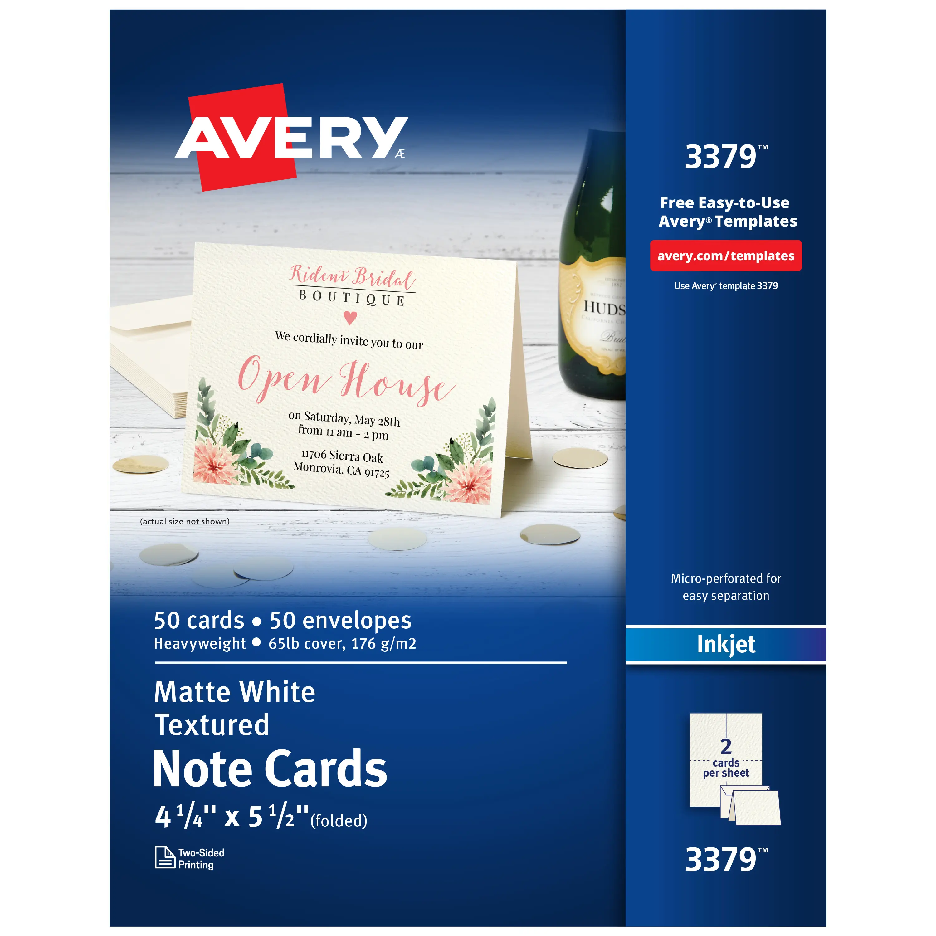 Avery Printable Note Cards with Envelopes, 4.25in x 5.5in Textured White, Inkjet-Compatible, Micro-Perforations, 50 Blank Cards for Party Invitations, Printing, Customer Appreciation (3379), Card With Envelope, 50 Pcs