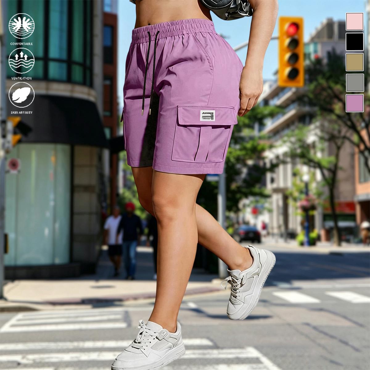 Pack of 4 women&rsquo;s outdoor cargo shorts&mdash;breathable, quick-drying, multi-pocket design, solid color, drawstring elastic waistband; suitable for outdoor sports and casual wear; summer shorts, women&rsquo;s shorts.